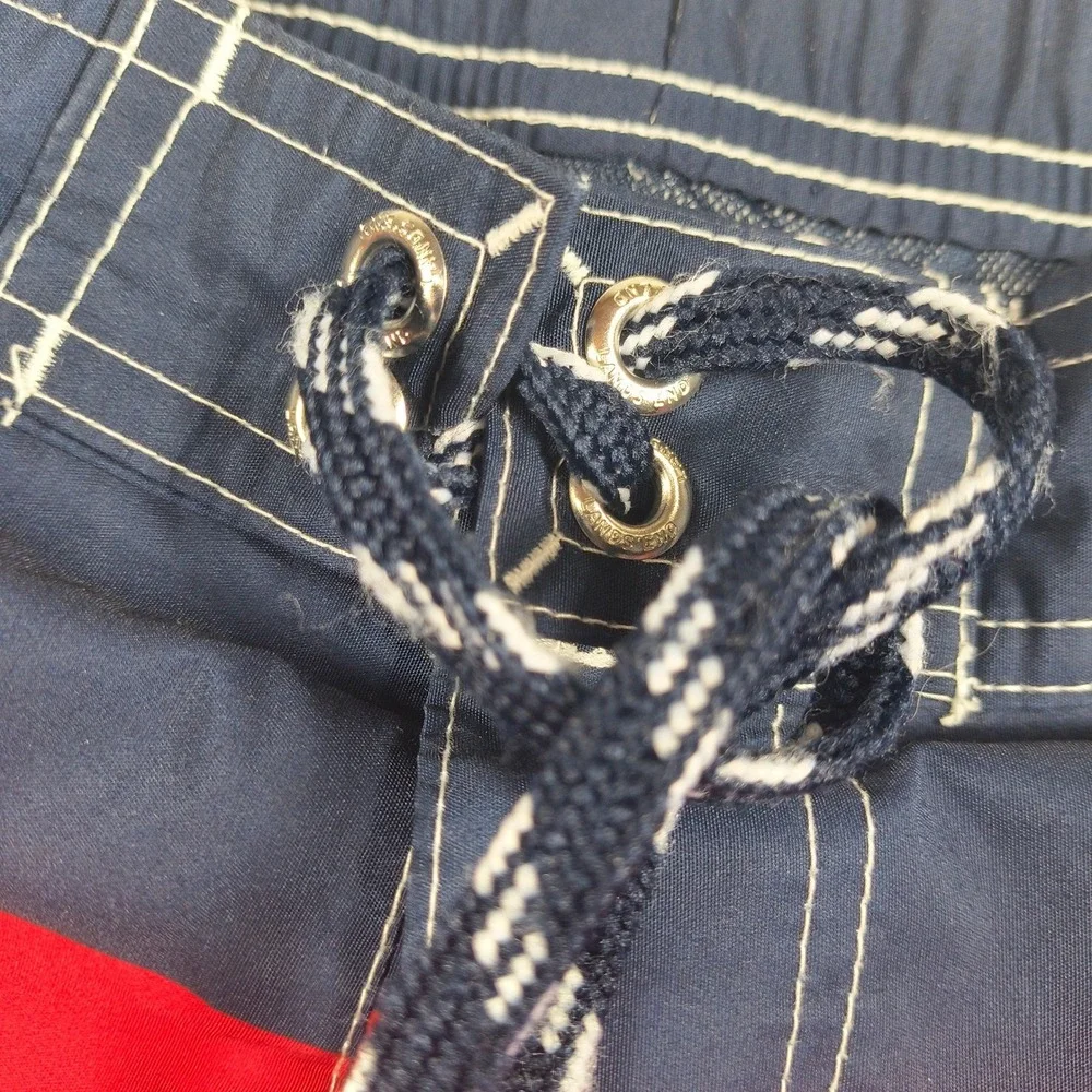 Lands End Mens XL Swim Trunks Board Shorts Red Blue White Striped Colorblock